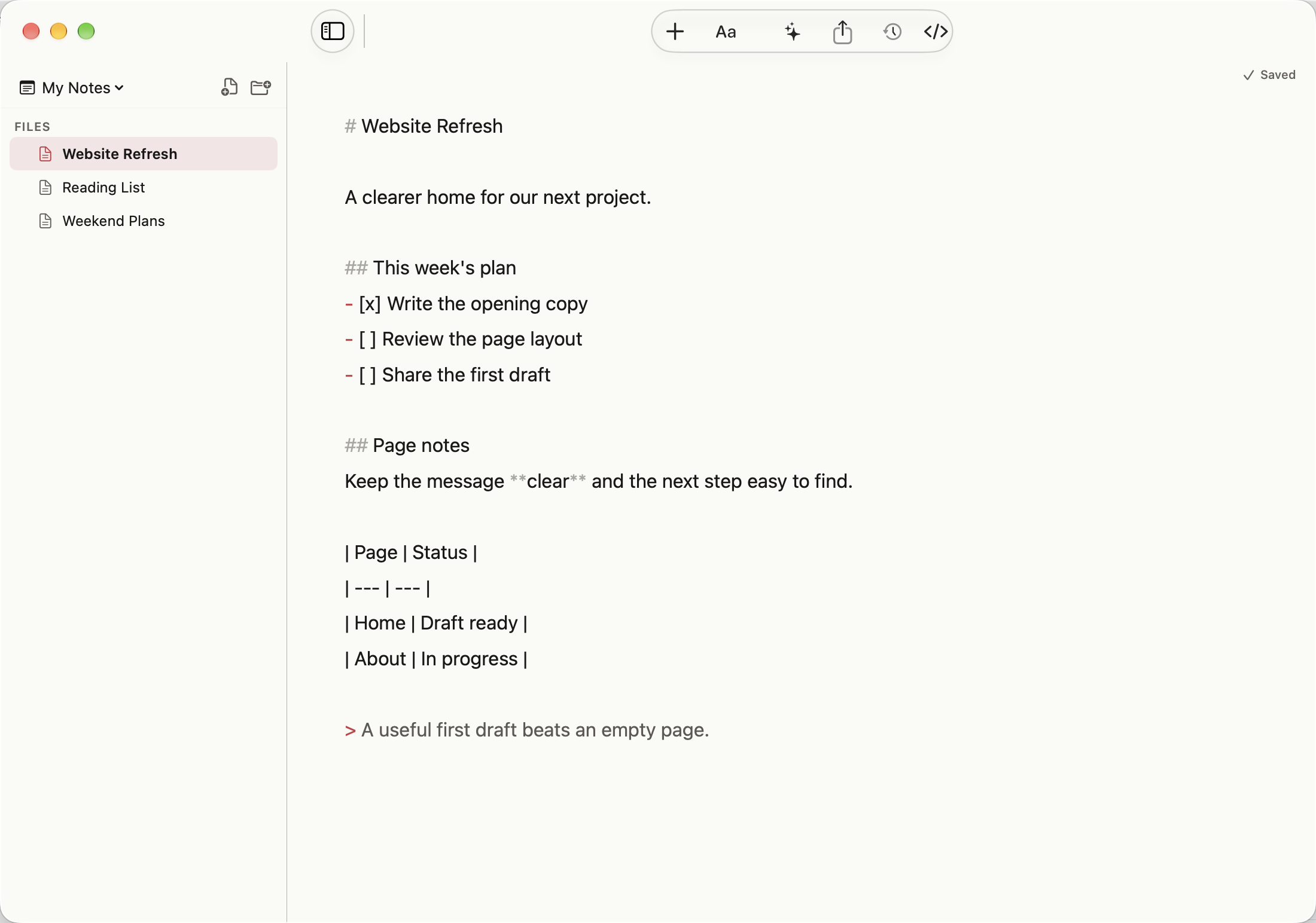 MarkThatDown source view showing an actual Markdown note