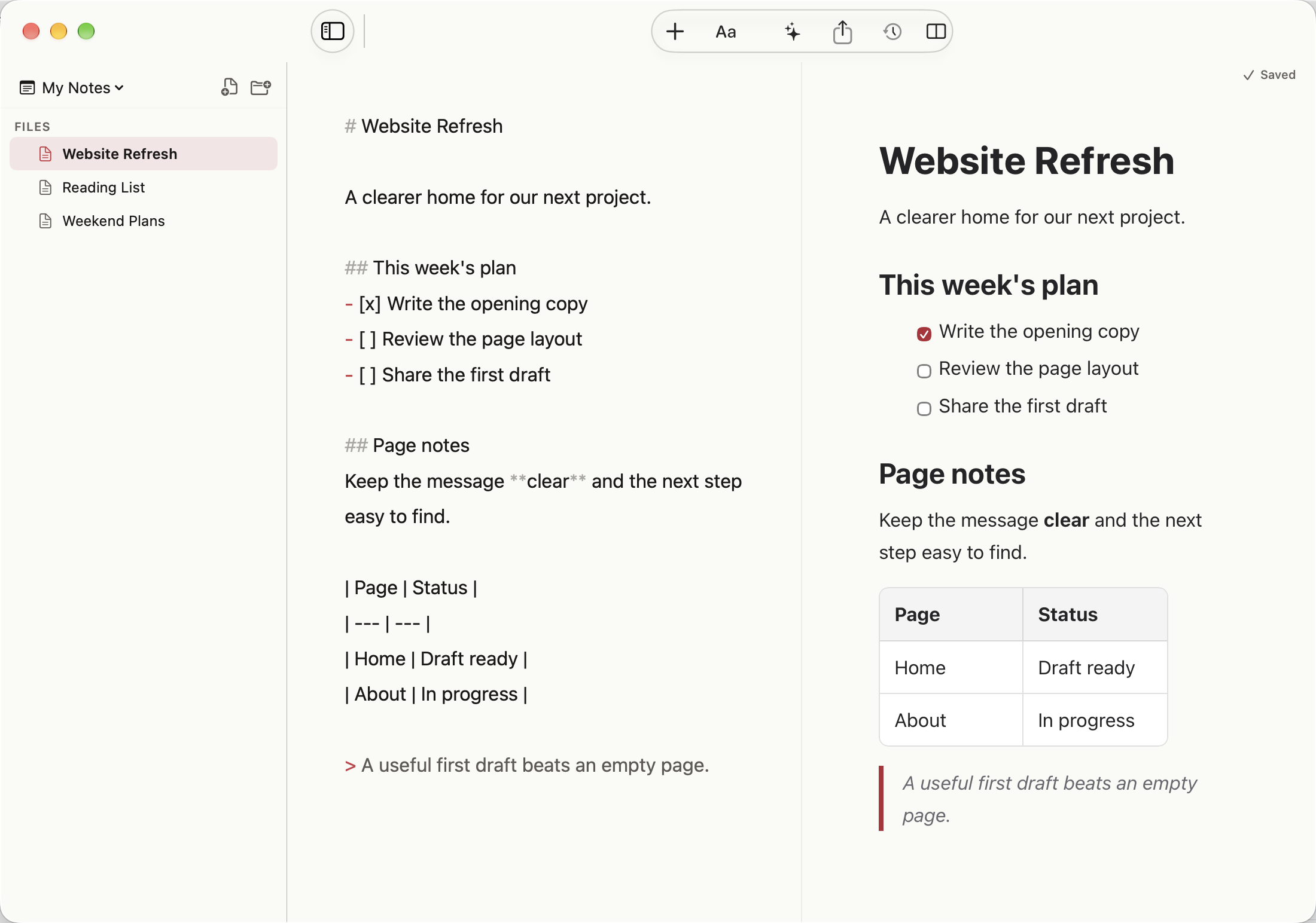 MarkThatDown split view showing an actual Markdown note